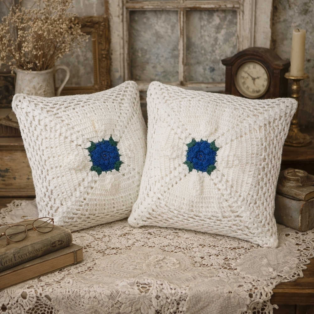 Vintage Handmade Crochet Pillow Covers Blue Flower Granny Square Cottage